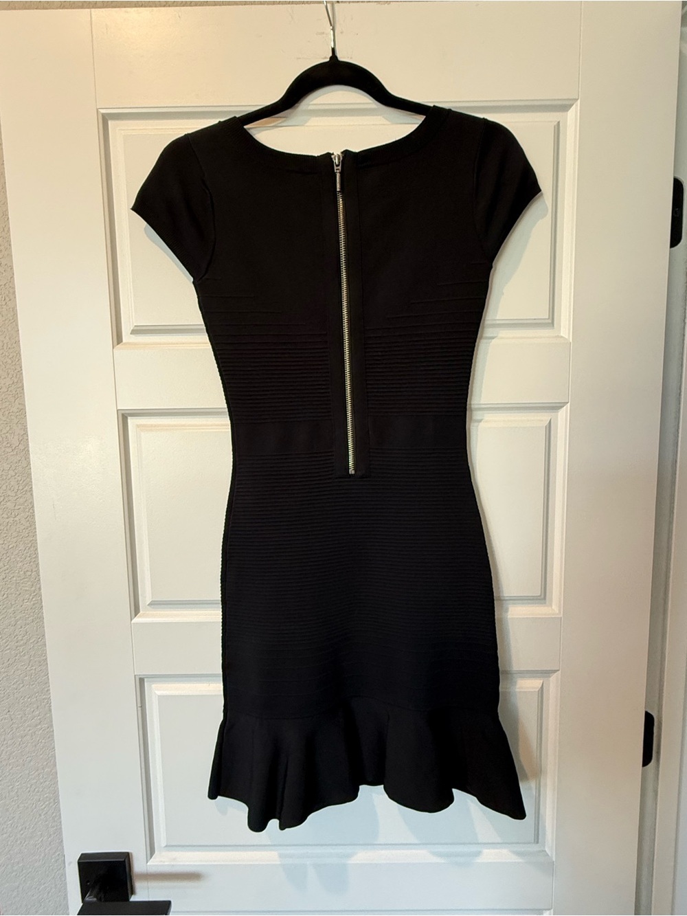 Guess Black Cap-Sleeve Ruffle-Hem Bandage Mini Dress - Picture 2 of 5